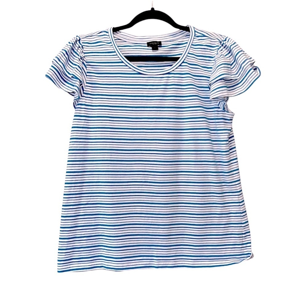 Ann Taylor Factory Blue White Striped Tee Shirt Size Large Puff Sleeve Like New